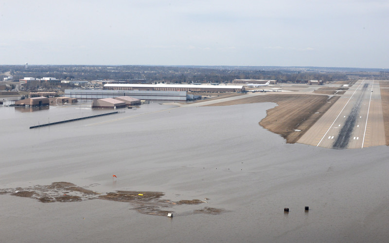 An aerial view of Offutt Air Force Base and the surrounding areas affected by flood waters on March 16, 2019. An increase in water levels of surrounding rivers and waterways caused by record-setting snowfall over the winter, in addition to a large drop in air pressure, resulted in widespread flooding across the state of Nebraska.