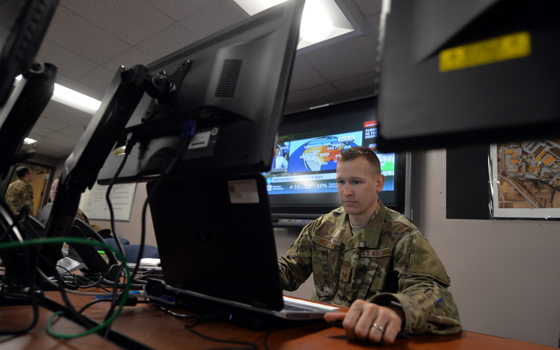 Master Sgt. Luke Nelson, 55th Force Support Squadron superintendent, relays pertinent flood information for the 55th FSS from the Recovery Operations Center, March 19, 2019. The 55th Wing experienced record flooding from the neighboring Missouri River due to an unseasonable amount of snowfall and rapid melting.
