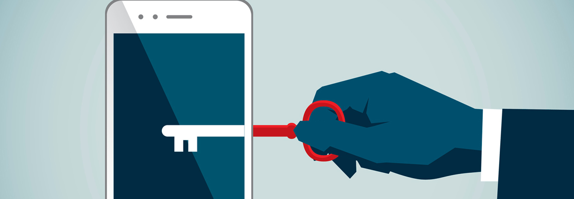 Mobile security illustration of a hand with a key reaching into a smartphone 