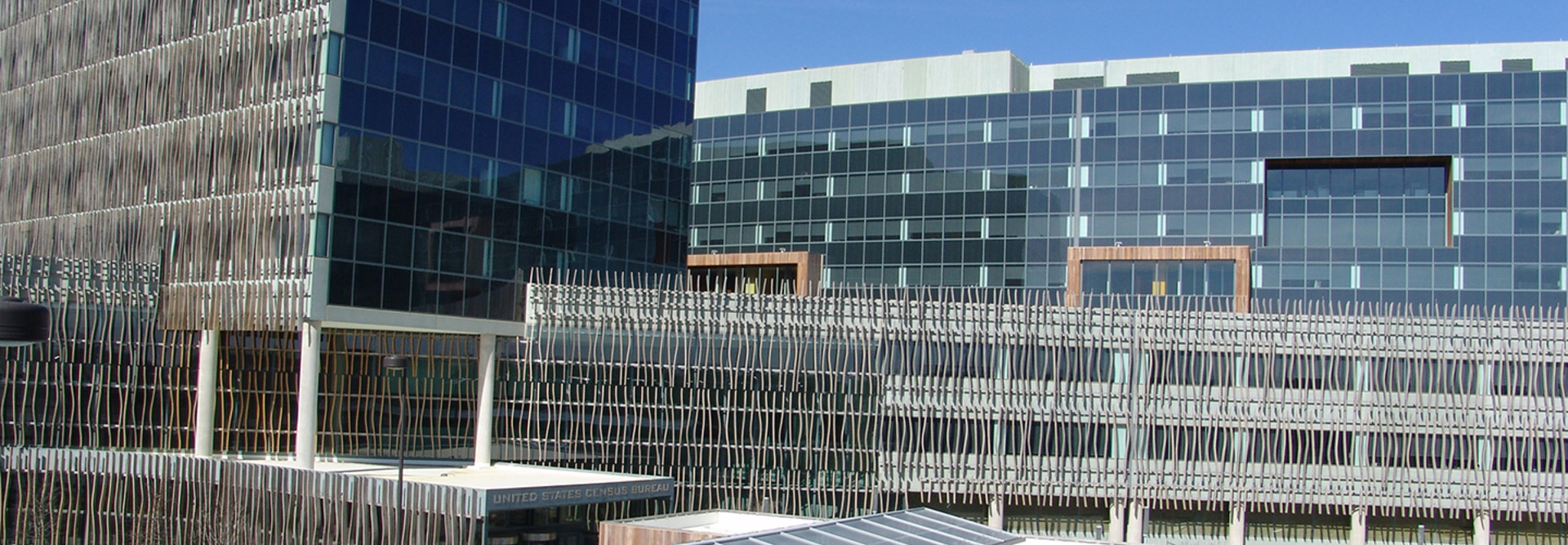 Partial view of the headquarters building of the United States Census Bureau in Suitland, Md.