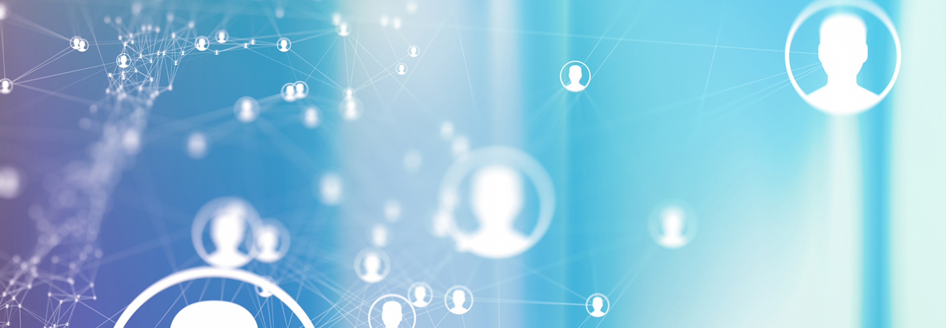 Identity management illustration with individual social network people icons on a blue and purple background 