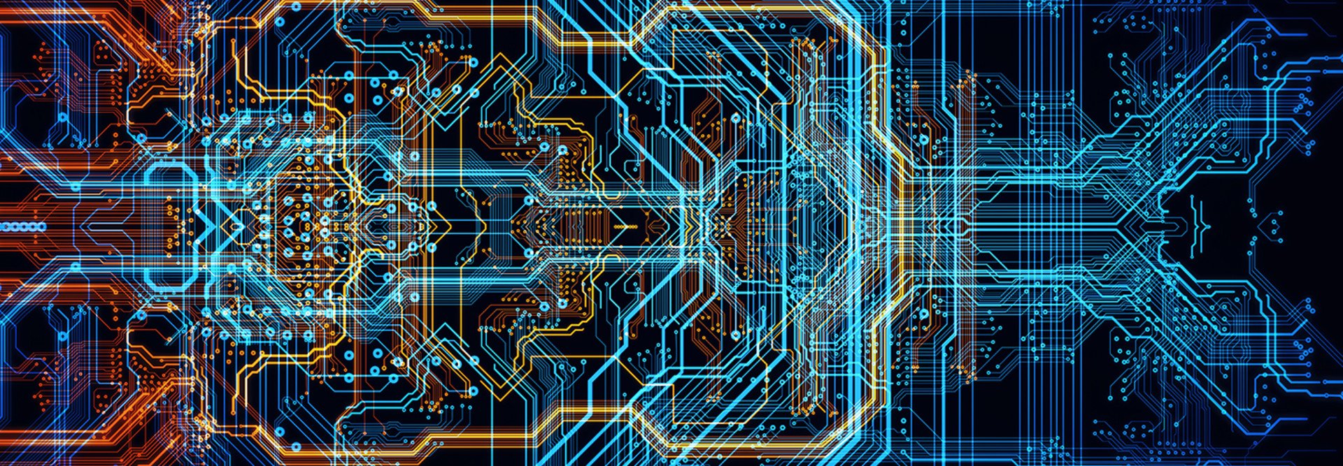 Network conceptual image on a circuit board with blue and orange lines 