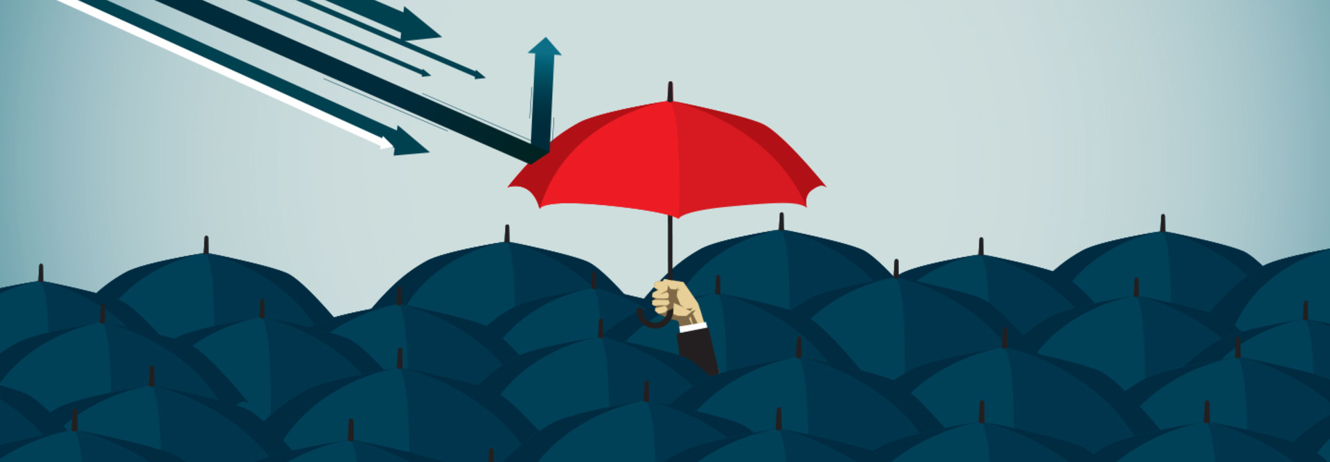 Security protection illustration with an umbrella hitting away arrows 