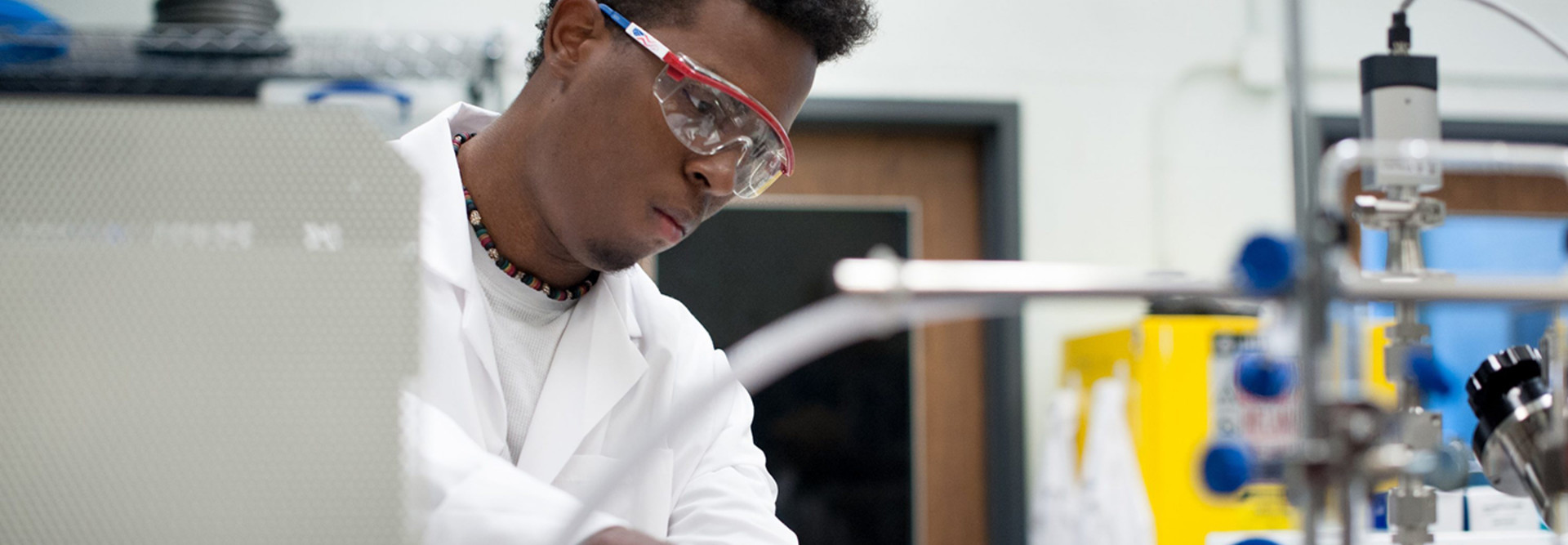University of Connecticut undergraduate Nico Wright at work in Professor Michael Pettes' mechanical engineering laboratory. 