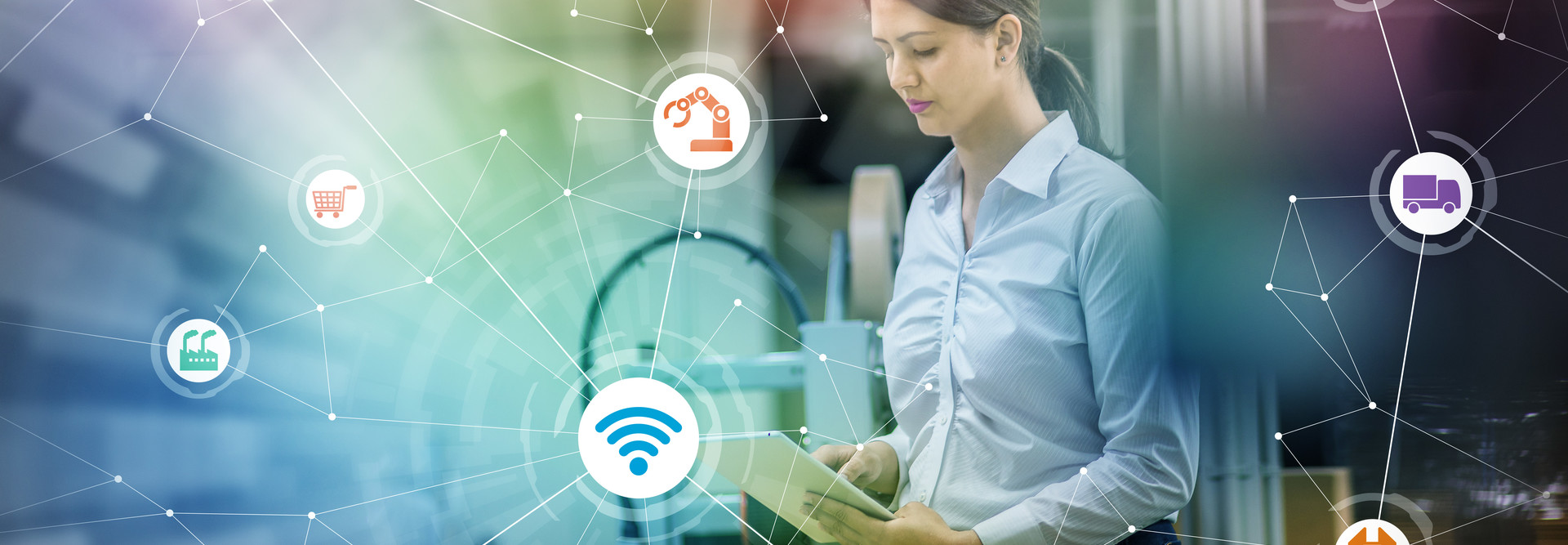 Woman holding tablet under images of network