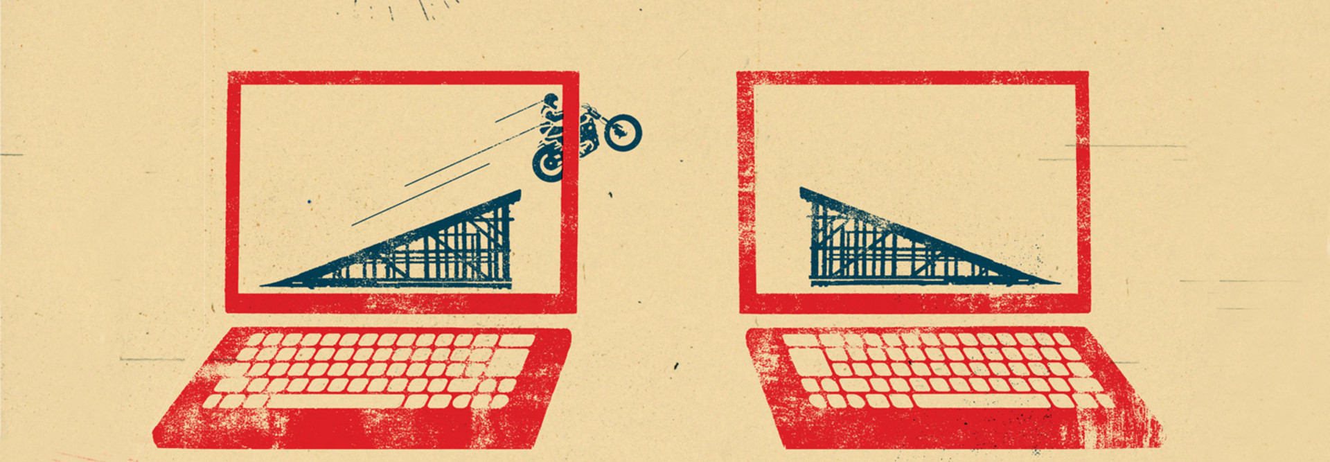 Red and dark yellow illustration of two open laptops