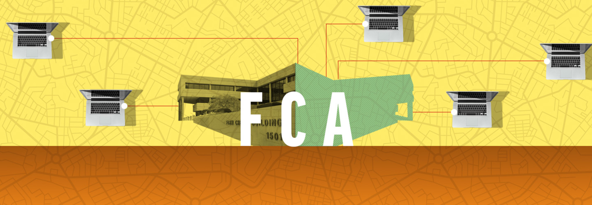 FCA building with computers surrounding it