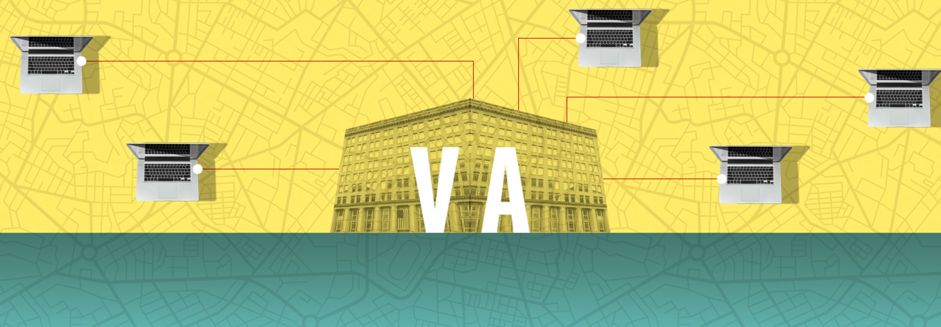VA building with maps and computers