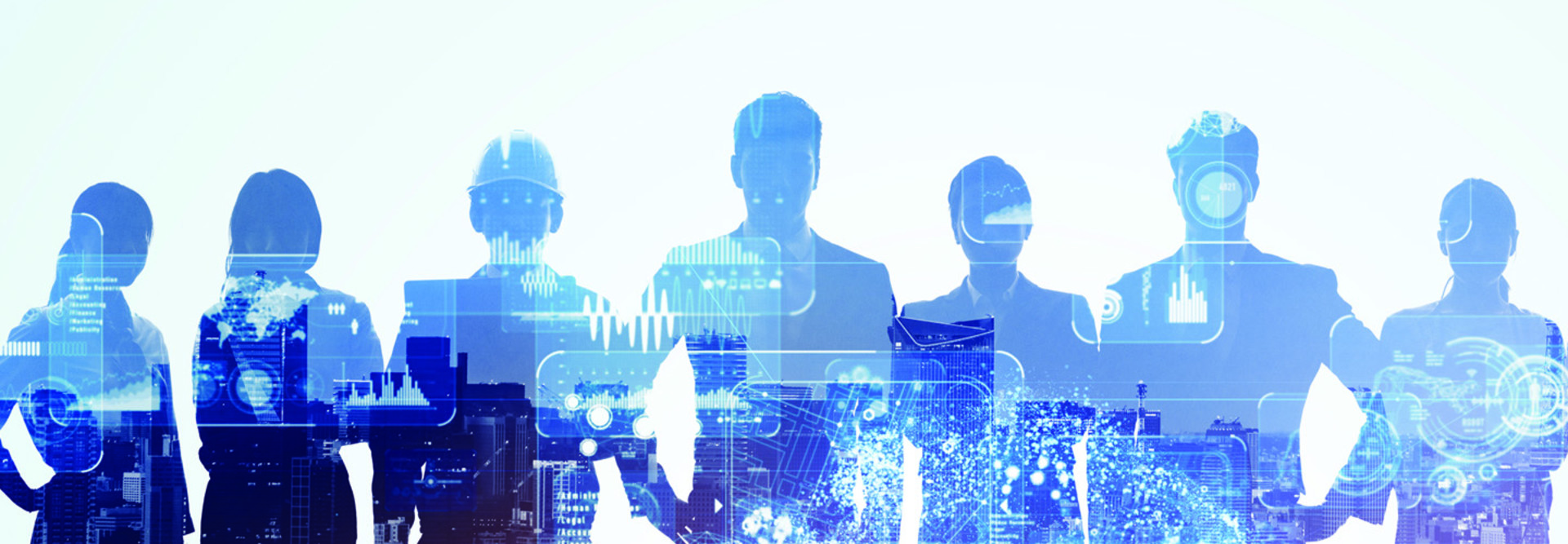 row of people with computer imagery superimposed