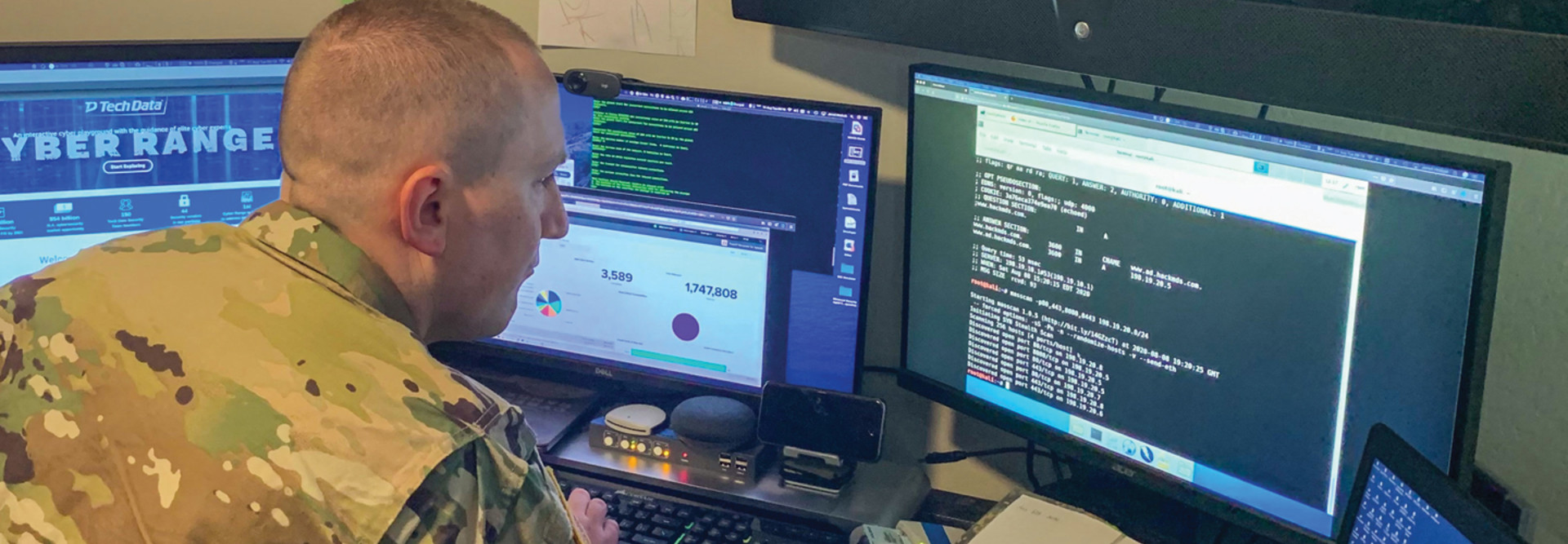 Army Maj. Jared Hrabak, a cyber officer with the Army Reserve’s Cyber Protection Team 185, uses a common network scanning tool called “masscan” to enumerate a network during his unit’s virtual battle assembly at Joint Base Langley-Eustis, Va., Aug. 9, 2020.
