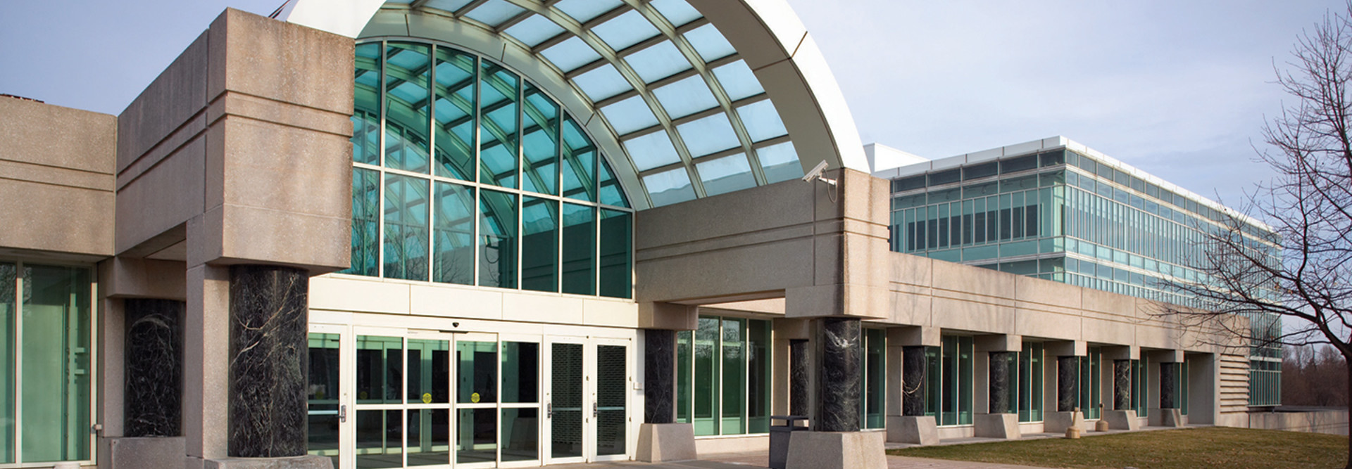 The entrance to the CIA New Headquarters Building of the George Bush Center for Intelligence in Langley, Va. 