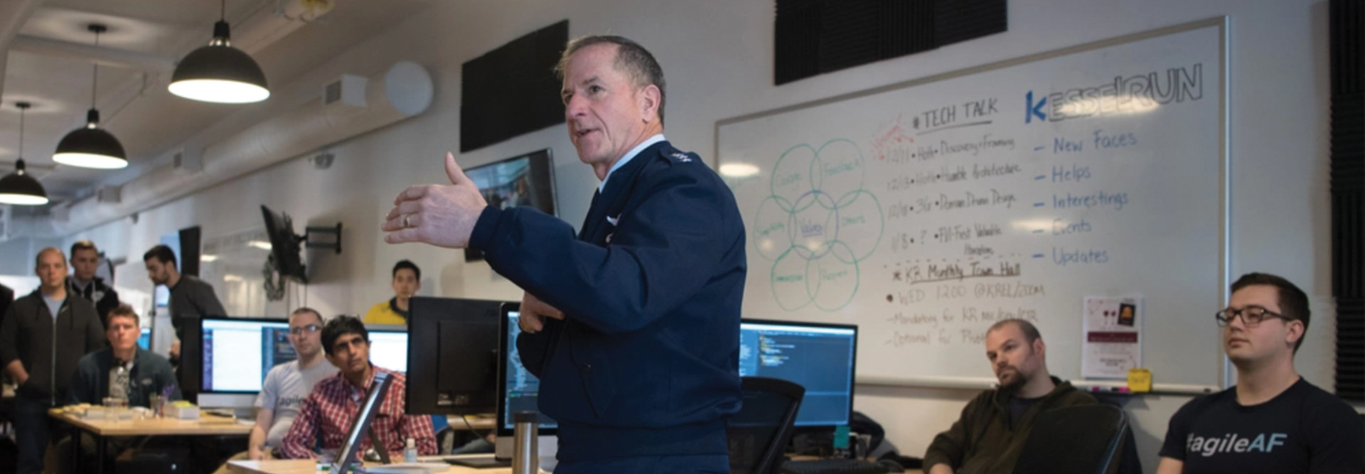 Former Air Force Chief of Staff Gen. David L. Goldfein addresses members of the Project Kessel Run team during a visit in Boston Dec. 6, 2018. 