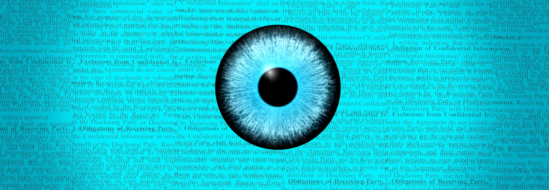 Blue eyeball illustration showing that Algorithms scan complicated documents for important details quicker than the human eye.