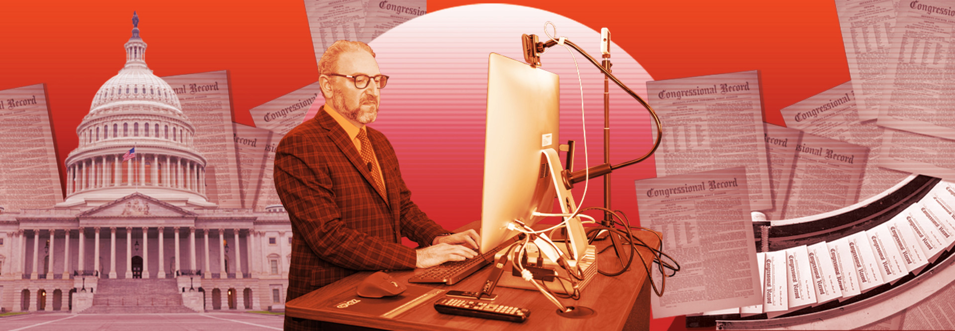 Illustration of Hugh Halpern, Director, Government Publishing Office, at a computer