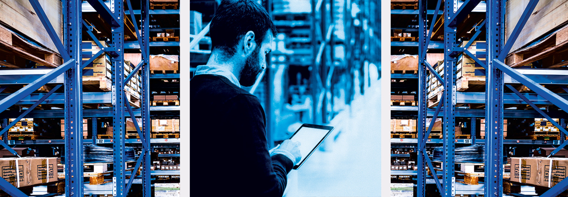 Supply chain and boxes in a warehouse illustration along with a man on a tablet