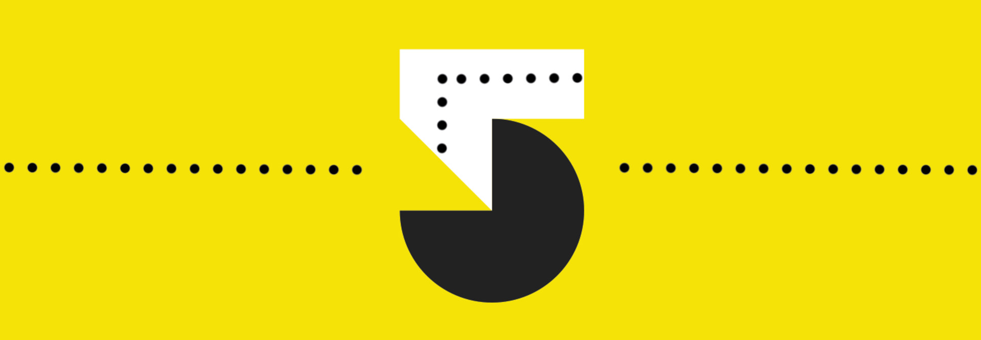 Black pacman in a five eating dots on yellow background