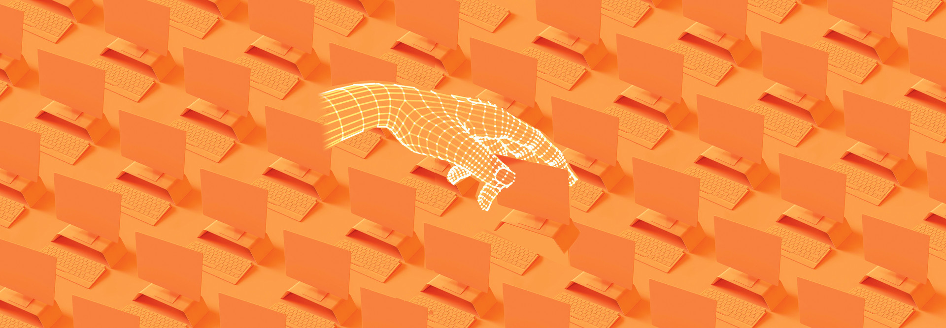 Orange background, hand placing computer into a mass of computers