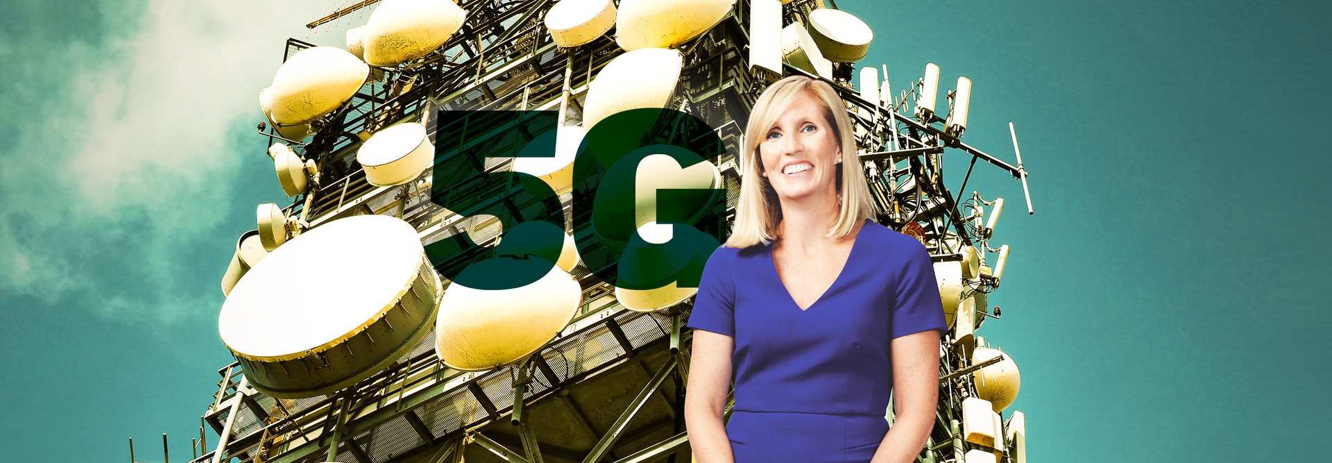blonde woman in blue dress standing in front of a 5G tower