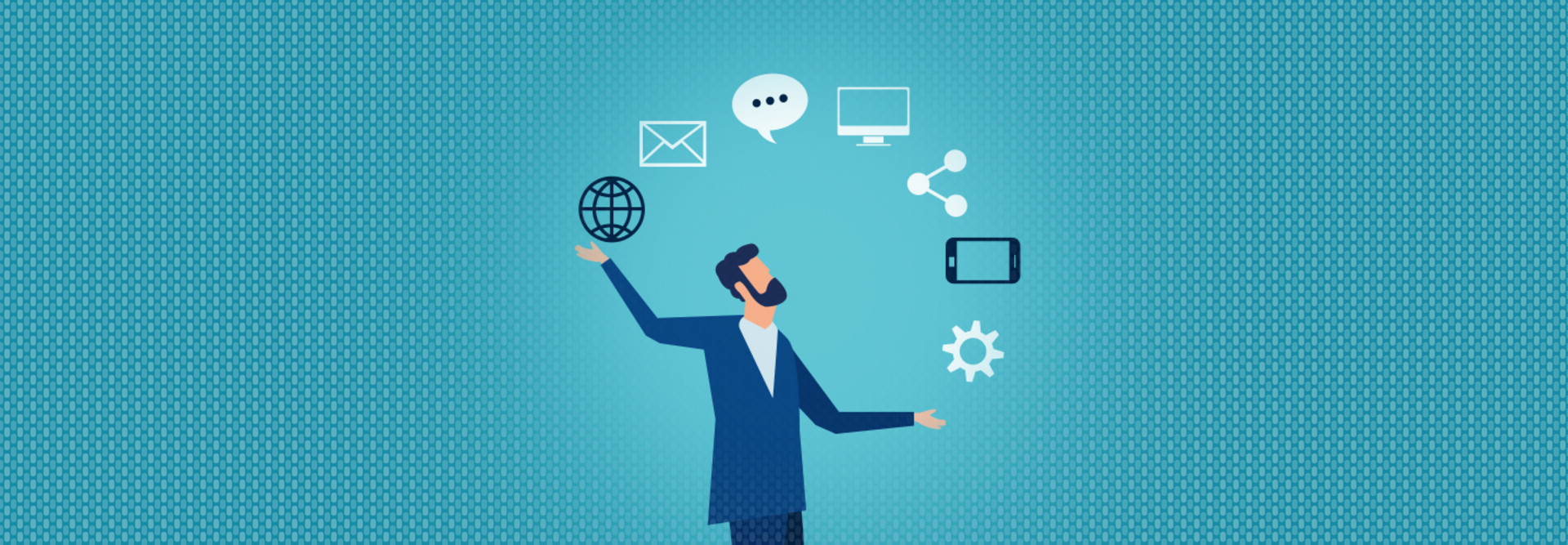 Cartoon of a man juggling computer icons