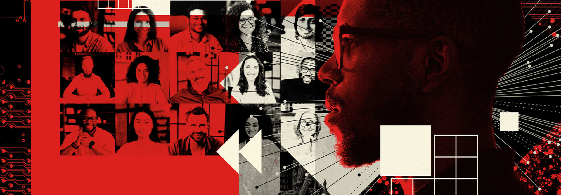 Collage of faces next to the side profile of a man