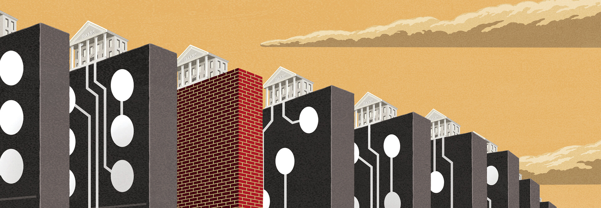 Illustration of a building atop dominos