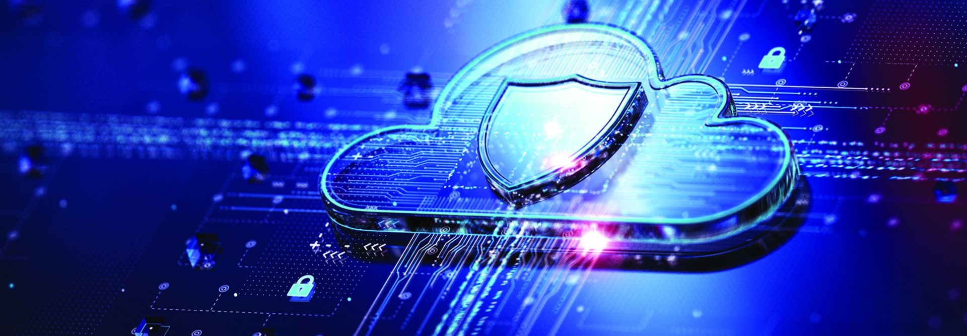 Shield icon over digital cloud