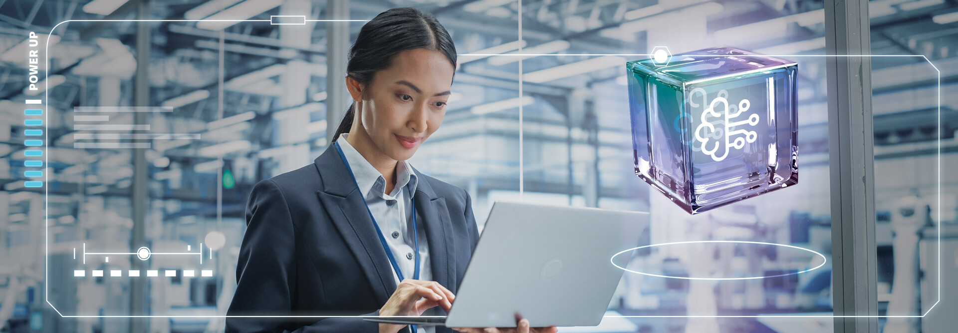 Person using laptop in a data center