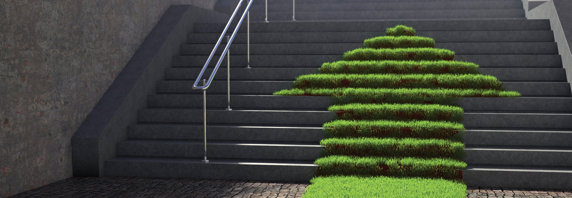 A grassy arrow pointing up concrete stairs