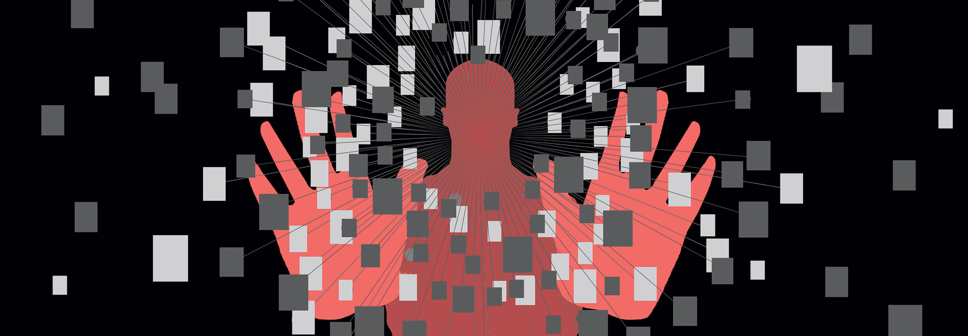 Illustration of red figure surrounded by pixels