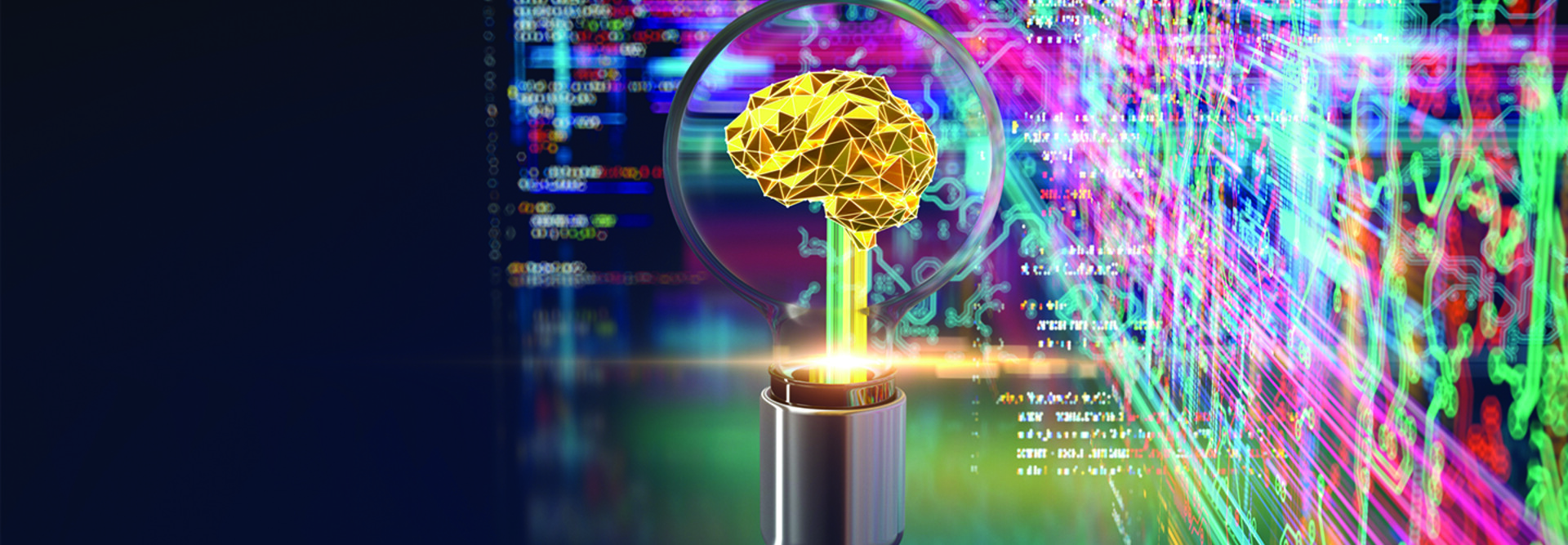 Illustration of golden brain against pixelated backdrop