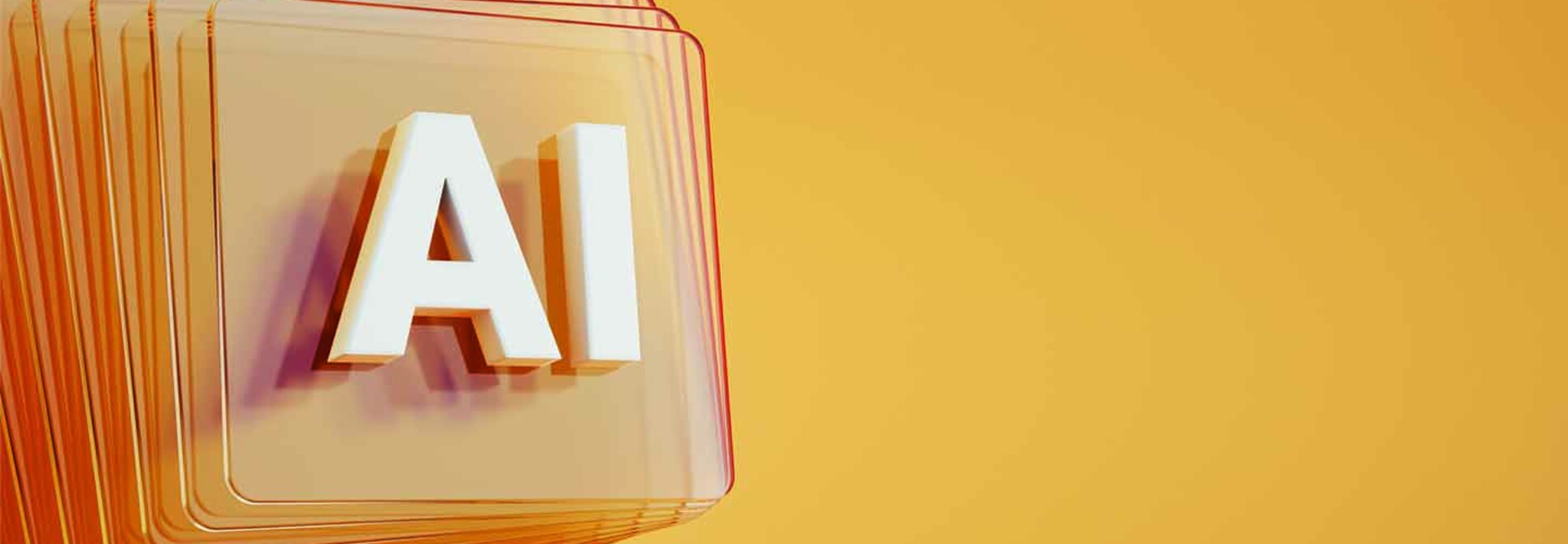 Artificial Intelligence symbol in front of layered and twisted glass squares on orange background