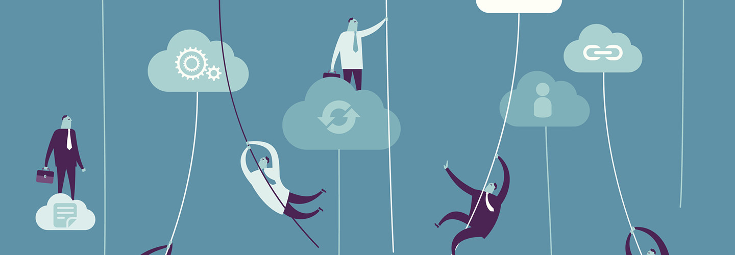 Cloud computing illustration with little men singing from cloud to cloud on ropes