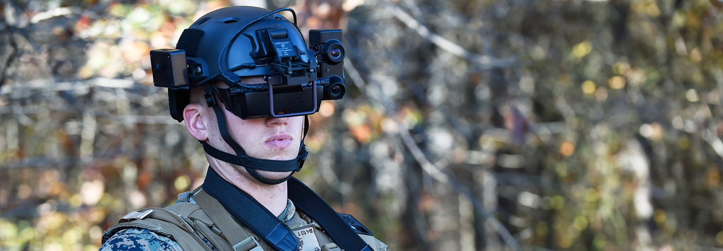 A student in the Marine Corps infantry officer course uses the Office of Naval Research-funded Augmented Immersive Team Trainer (AITT) during testing held at Quantico, Va.