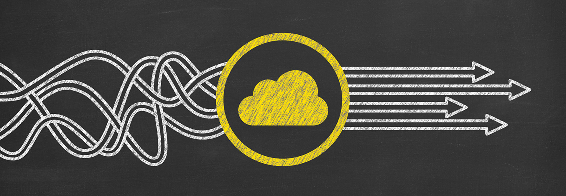 Chalkboard drawing of tangled lines moving through a cloud and straightening