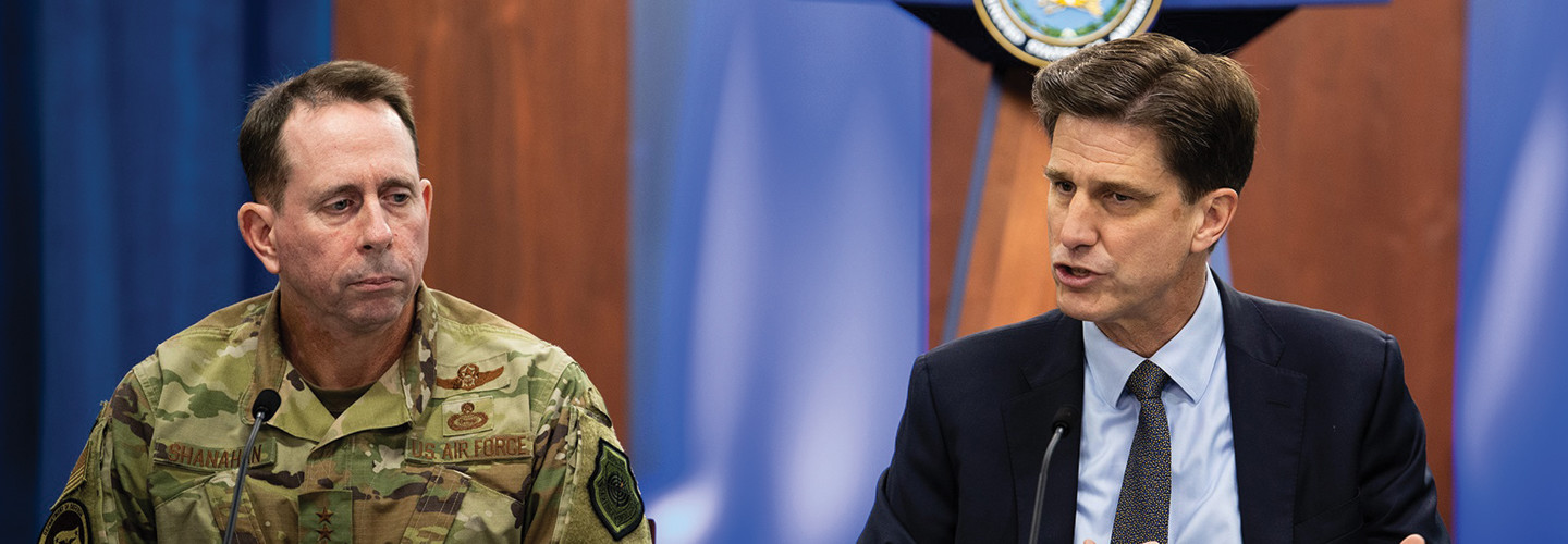 Defense Department CIO Dana Deasy, right, and Air Force Lt. Gen. Jack Shanahan, director of the Joint Artificial Intelligence Center, host a roundtable discussion on the enterprise cloud initiative with reporters at the Pentagon, Aug. 9, 2019. 