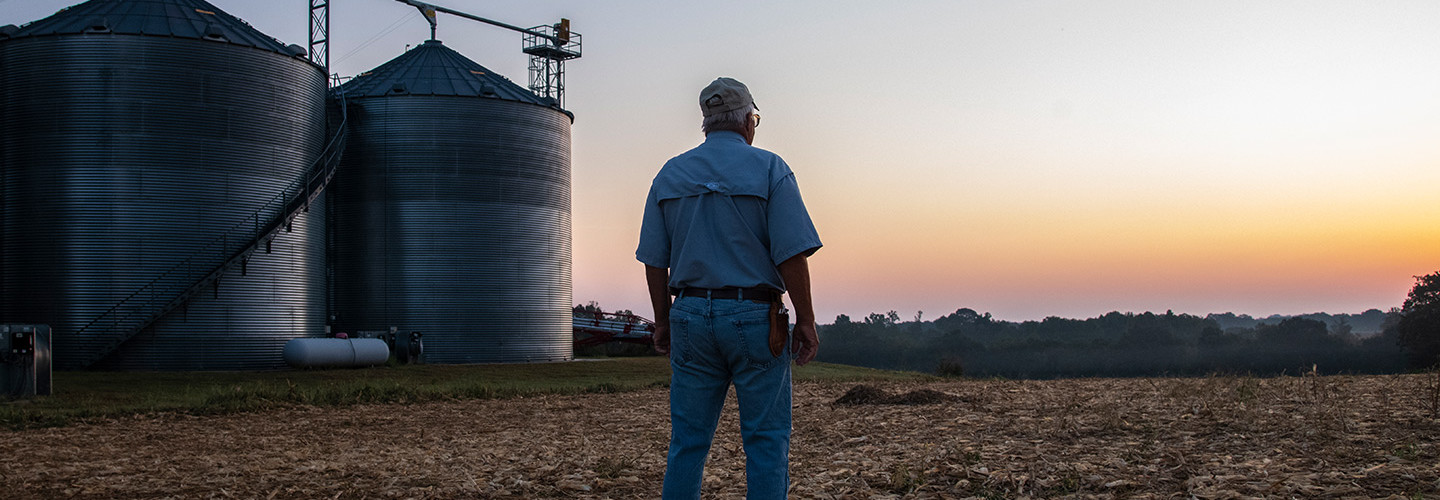 Farmer near silos gazing into a sunset