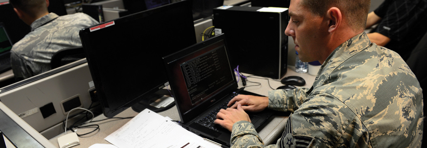 Tech. Sgt. Brad Davis, 119th Command and Control Squadron system administrator, participates in a class exercise in a Network War Bridge Course from the 39th Information Operations Squadron, Hurlburt Field, Fla., Sept. 19, 2014. 