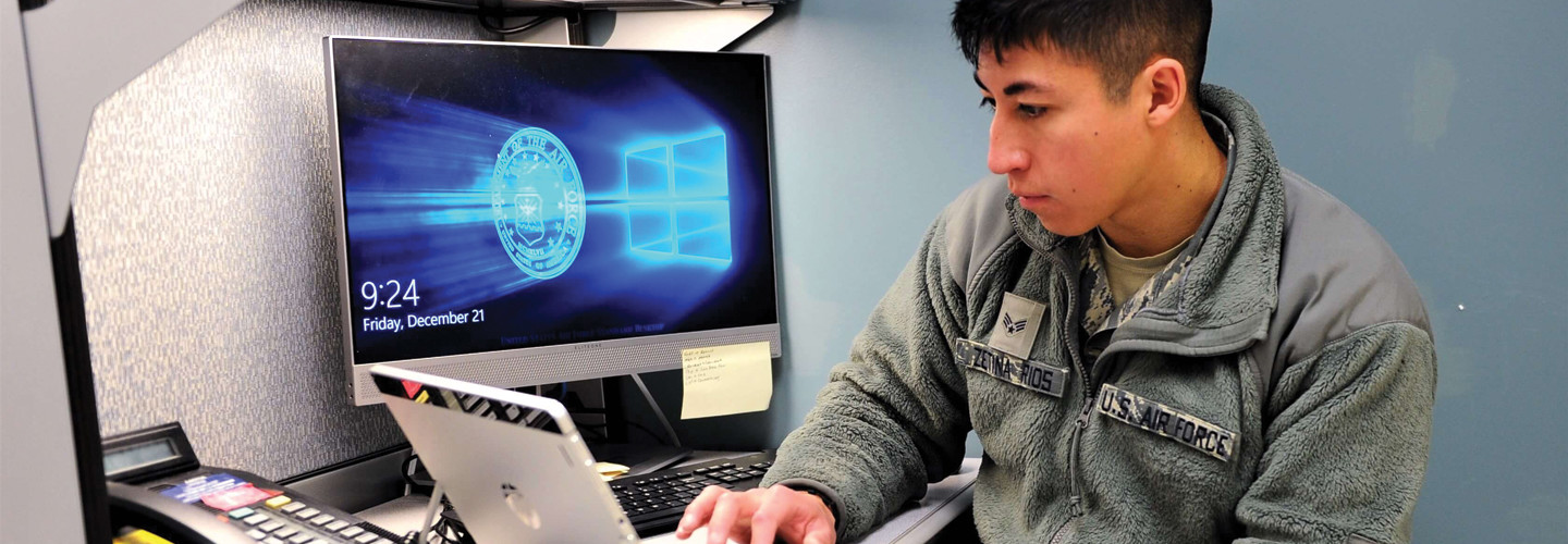Senior Airman Luis Zetina-Rios, a medical technician at the U.S. Air Force Academy’s Family Health Clinic, uses mobile computing Dec. 21, 2018 to improve patient services. 