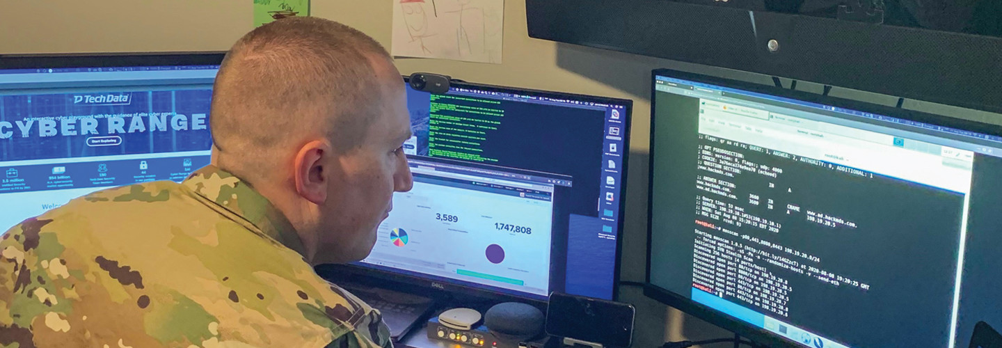 U.S. Army Reserve Maj. Jared Hrabak, a cyber officer with Cyber Protection Team 185 uses a common network scanning tool “masscan” to enumerate a network. during his unit’s Virtual Battle Assembly Aug. 9, 2020. 