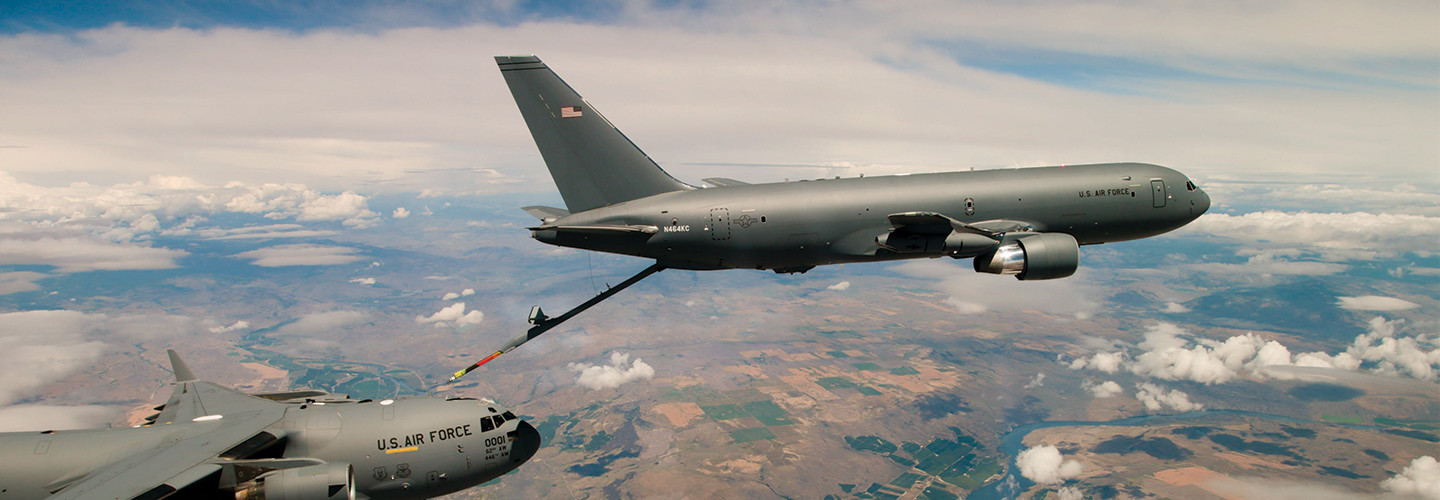 A KC-46 Pegasus refueling tanker conducts receiver compatibility tests with a C-17 Globemaster III from Joint Base Lewis-McChord. 