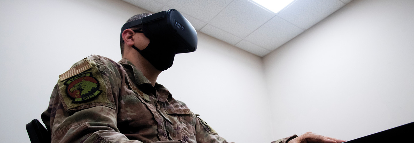 An Airman from the 6th Air Refueling Wing participates in a Virtual Reality suicide prevention training at MacDill Air Force Base, Florida, on Sept. 29, 2021. 