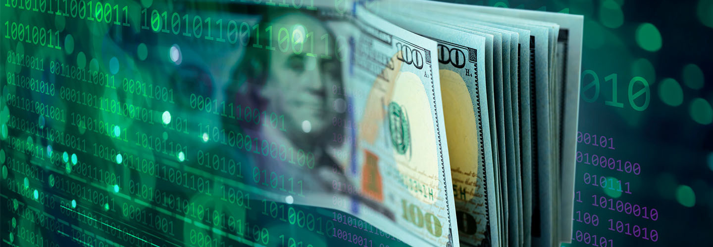 100 dollar bills surrounded by computer code