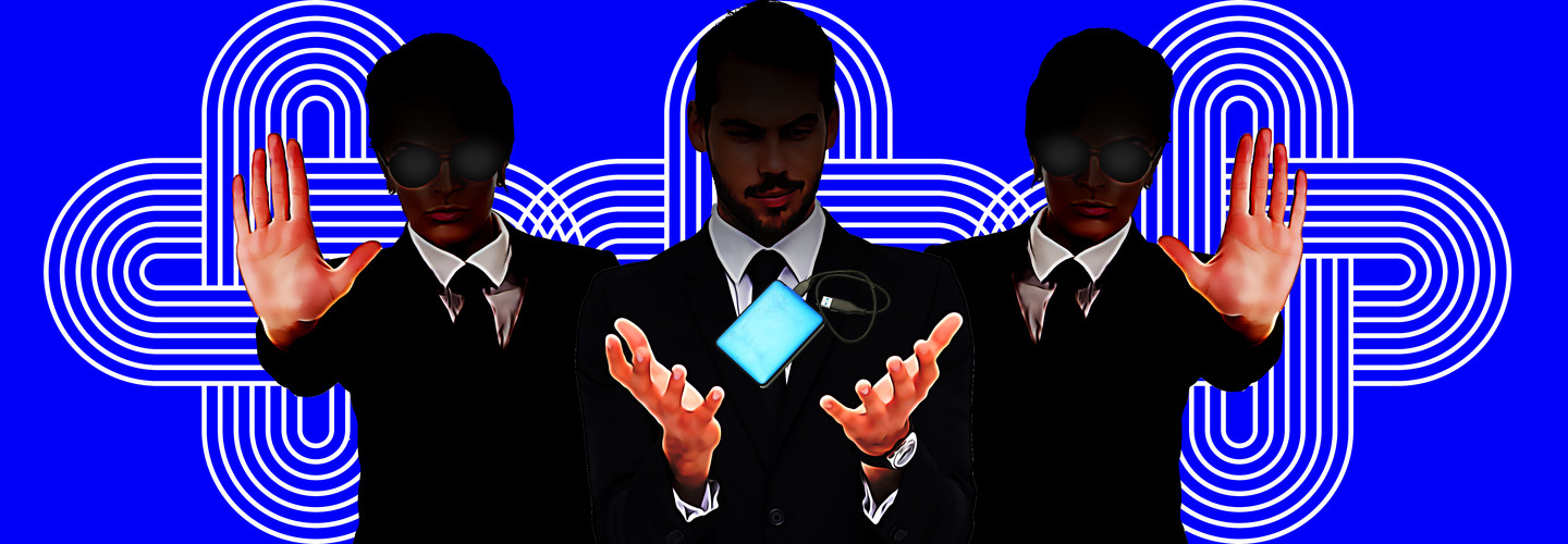 A bodyguard holding a phone between two others halting the viewer
