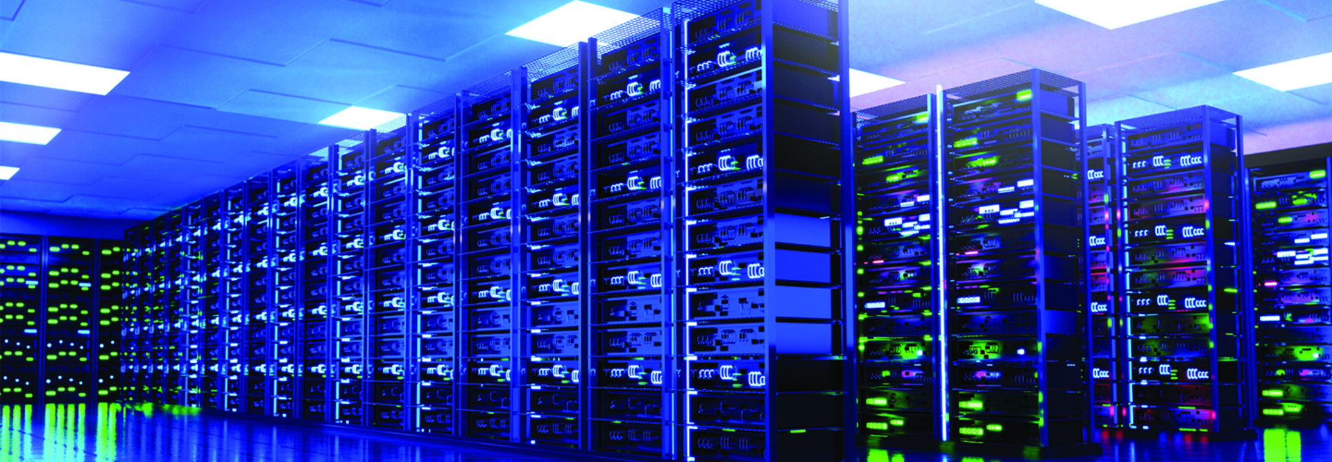Modern server room interior with super computers and neon lightings