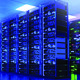 Modern server room interior with super computers and neon lightings