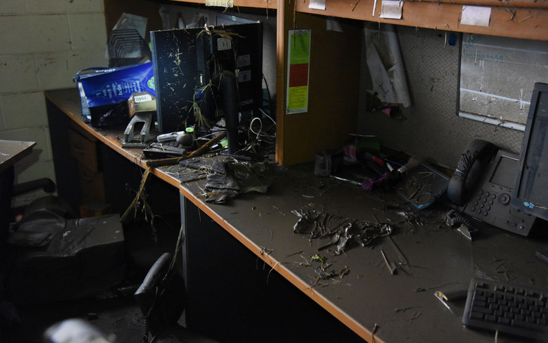 Workspace of the Nebraska National Guard 170th Group and 55th Operations Group at Offutt Air Force base sustained significant damage after major flooding occurred, March 15 to 25, 2019, in Bellevue, Neb. Active Duty and National Guard personnel worked side by side to lay sandbags and elevate equipment and paperwork in preparation for the flood.