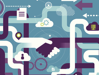 Cloud computing collaboration illustration with hands shaking and computers