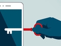 Mobile security illustration of a hand with a key reaching into a smartphone 