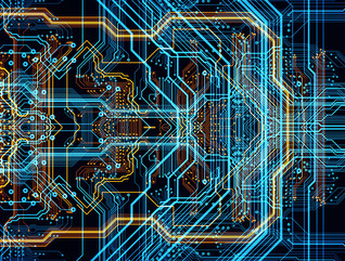 Network conceptual image on a circuit board with blue and orange lines 