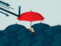 Security protection illustration with an umbrella hitting away arrows 